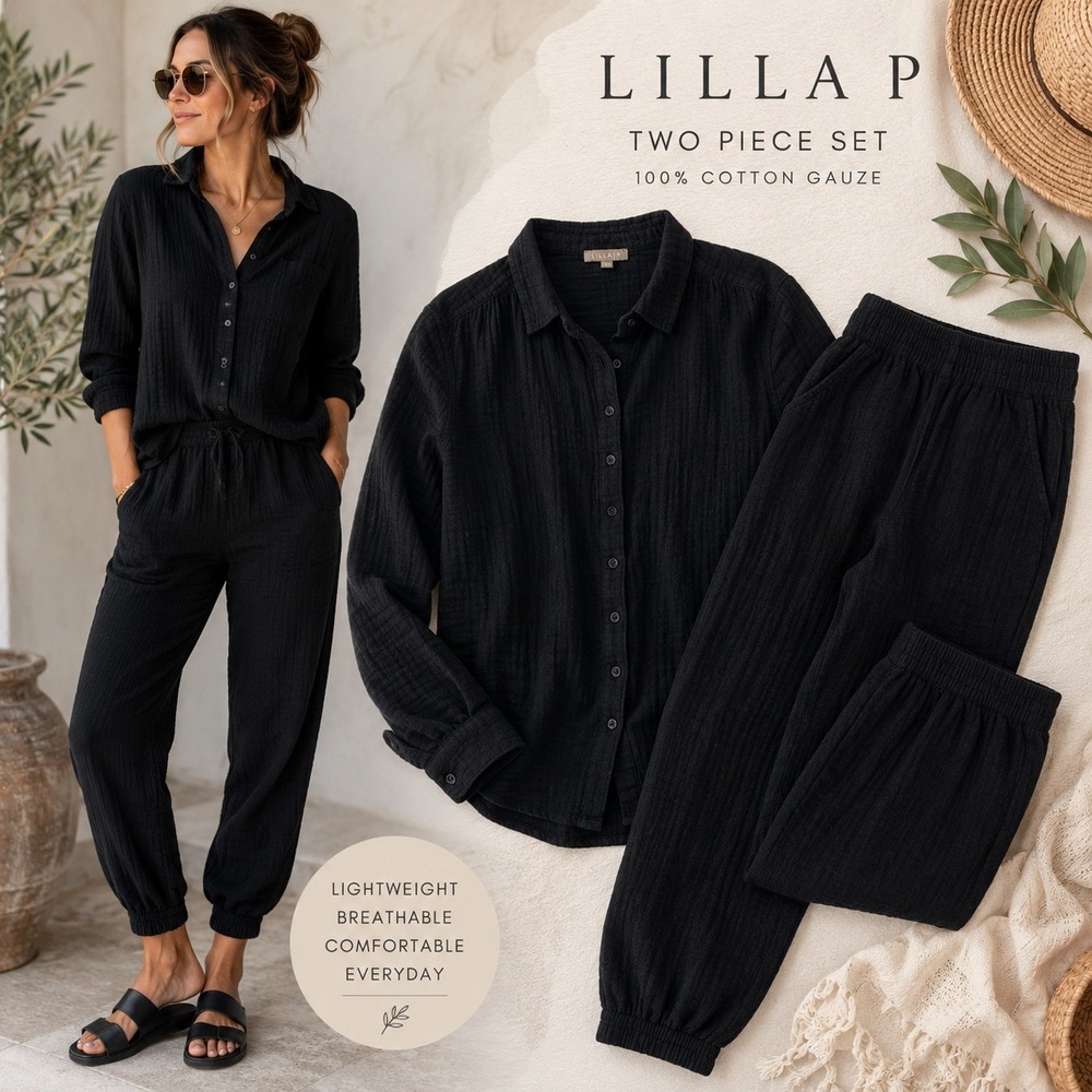 Lilla P Black Cotton Gauze 2 Piece Set Shirt Jogger Pants Womens M